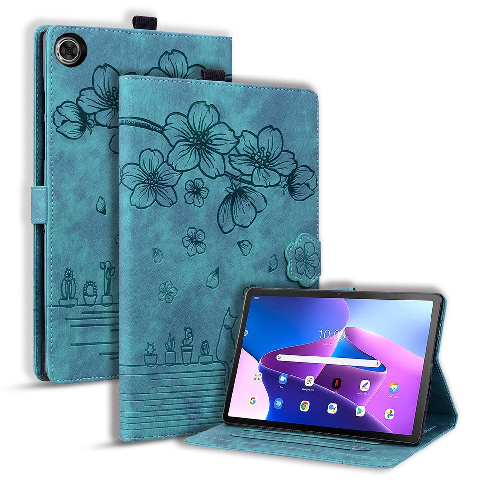 For Lenovo Tab M10 (Gen 3) TB-328XU / TB-328FU PU Leather Stand Tablet Case Imprinted Flower Cat Card Holder Cover - Green