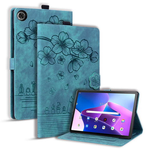 For Lenovo Tab M10 (Gen 3) TB-328XU / TB-328FU PU Leather Stand Tablet Case Imprinted Flower Cat Card Holder Cover - Green