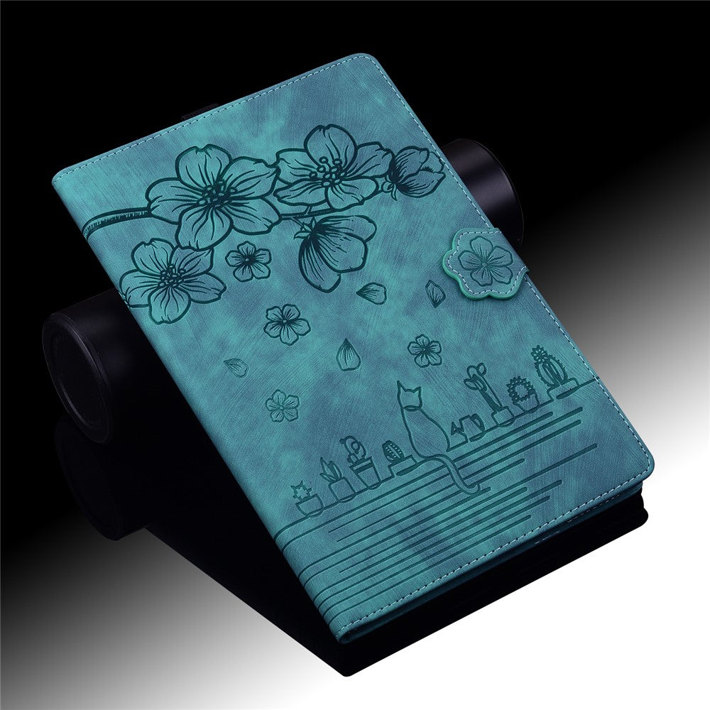 For Lenovo Tab M10 (Gen 3) TB-328XU / TB-328FU PU Leather Stand Tablet Case Imprinted Flower Cat Card Holder Cover - Green