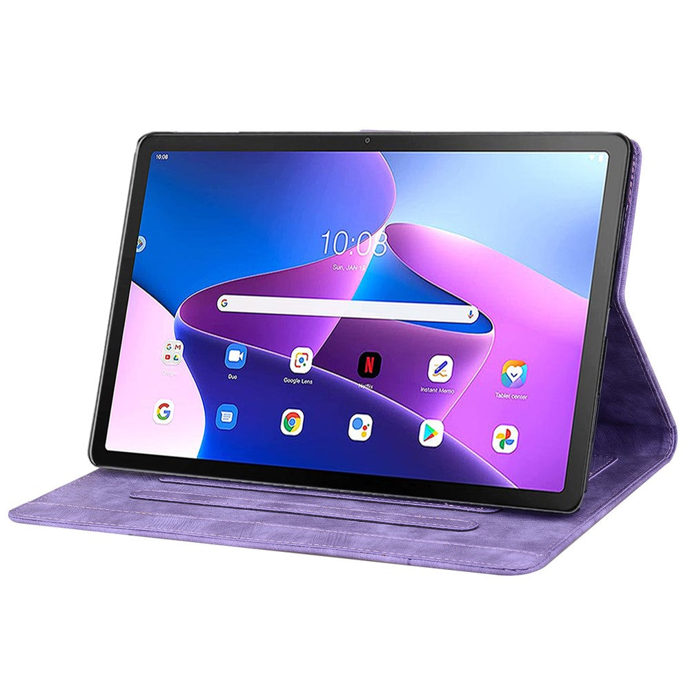 For Lenovo Tab M10 (Gen 3) TB-328XU / TB-328FU PU Leather Stand Tablet Case Imprinted Flower Cat Card Holder Cover - Purple