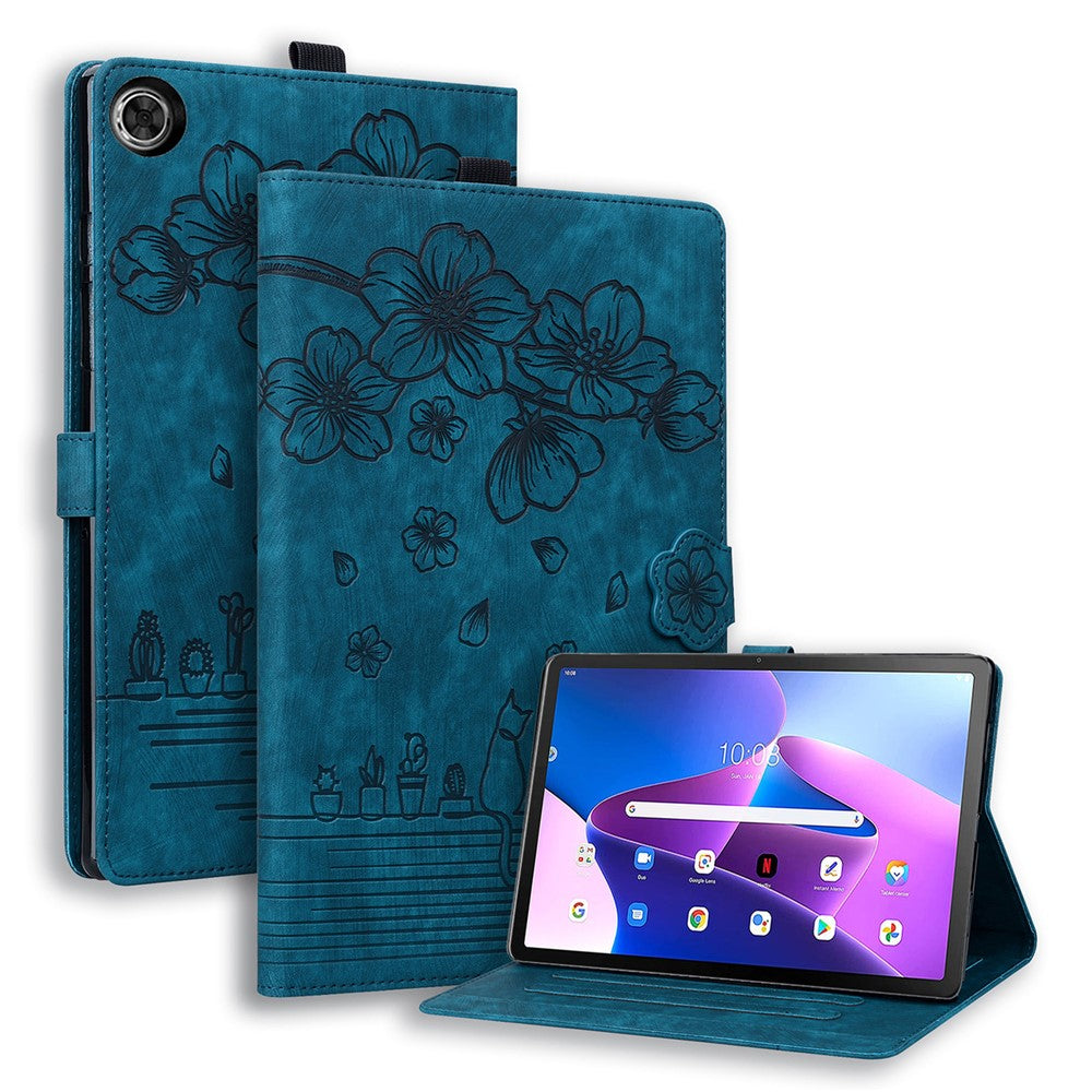 For Lenovo Tab M10 (Gen 3) TB-328XU / TB-328FU PU Leather Stand Tablet Case Imprinted Flower Cat Card Holder Cover - Sapphire