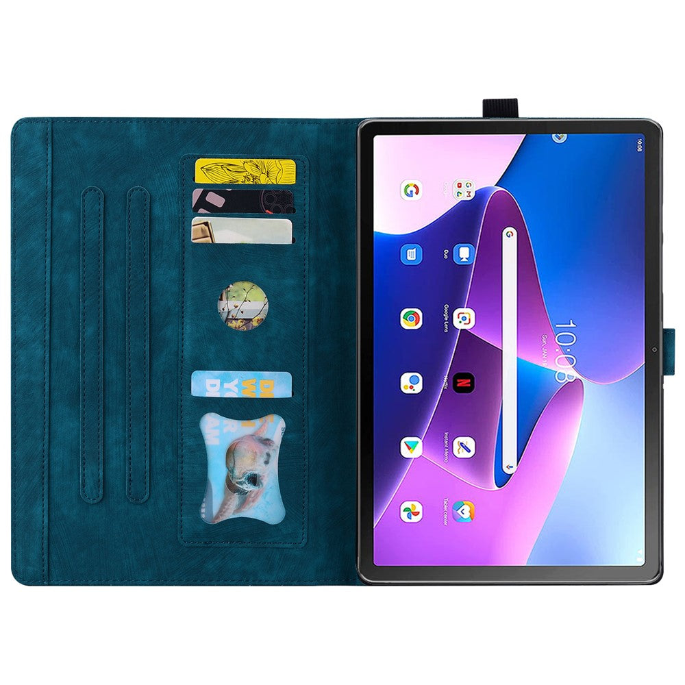 For Lenovo Tab M10 (Gen 3) TB-328XU / TB-328FU PU Leather Stand Tablet Case Imprinted Flower Cat Card Holder Cover - Sapphire