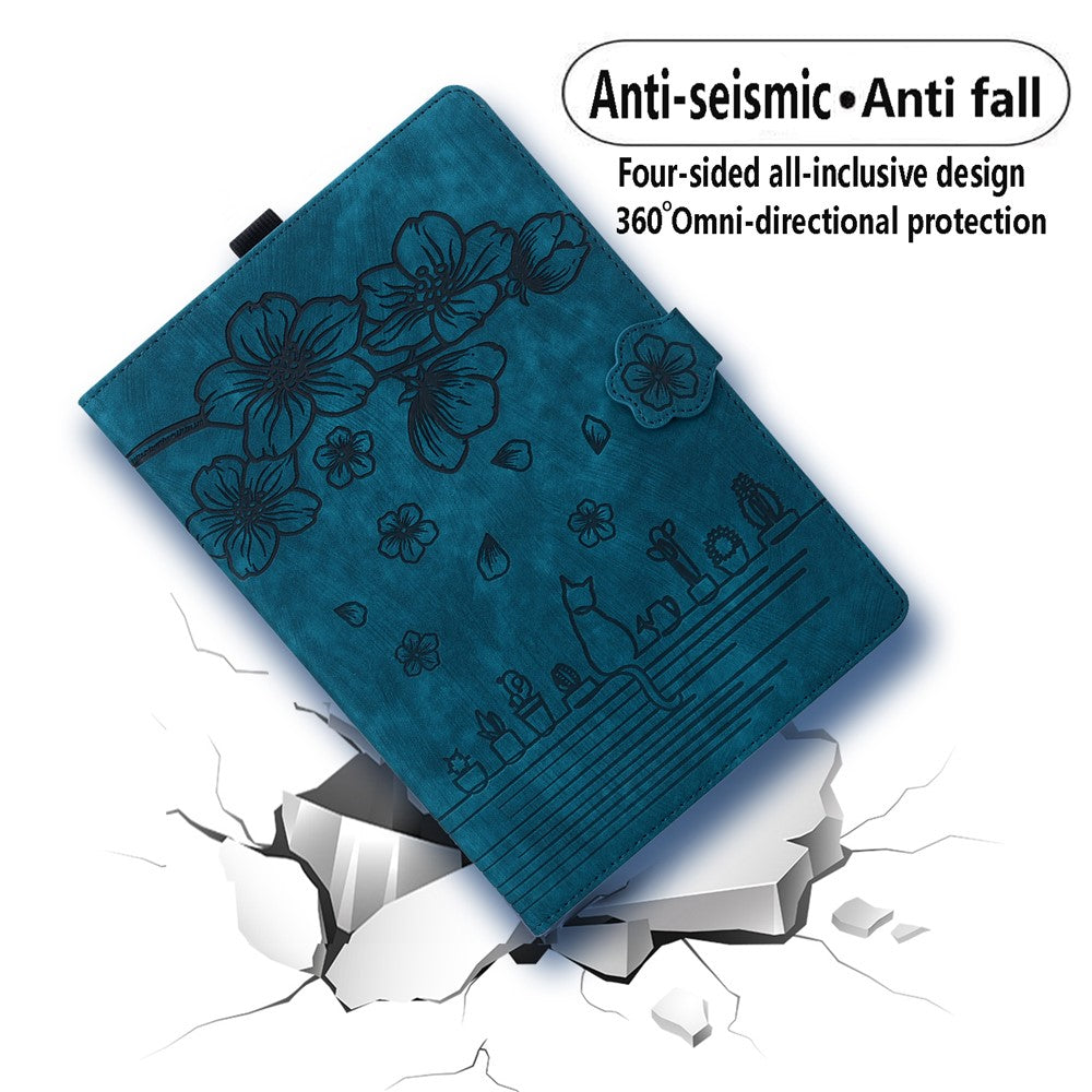 For Lenovo Tab M10 (Gen 3) TB-328XU / TB-328FU PU Leather Stand Tablet Case Imprinted Flower Cat Card Holder Cover - Sapphire