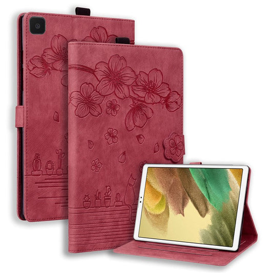 Stand Tablet Case for Samsung Galaxy Tab A7 Lite 8.7-inch PU Leather Imprinted Flower Cat Cover with Card Slots - Wine Red