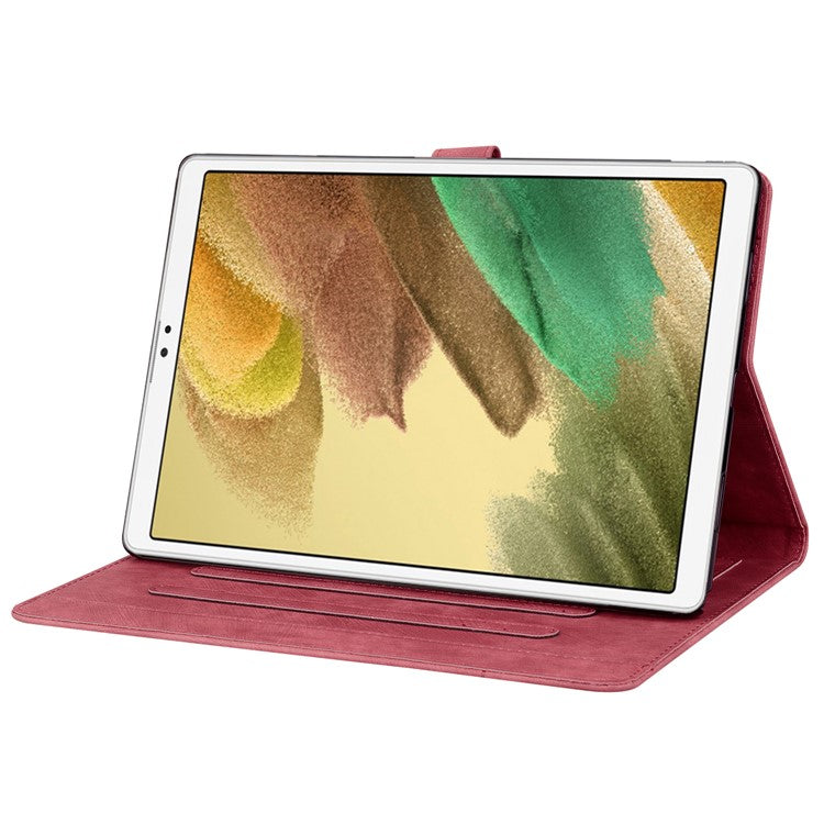 Stand Tablet Case for Samsung Galaxy Tab A7 Lite 8.7-inch PU Leather Imprinted Flower Cat Cover with Card Slots - Wine Red