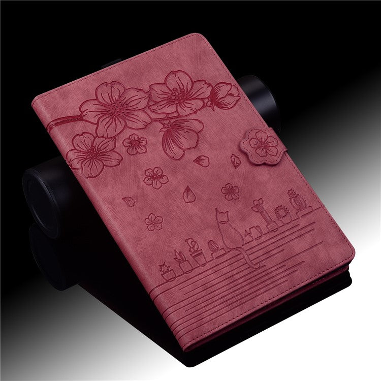 Stand Tablet Case for Samsung Galaxy Tab A7 Lite 8.7-inch PU Leather Imprinted Flower Cat Cover with Card Slots - Wine Red