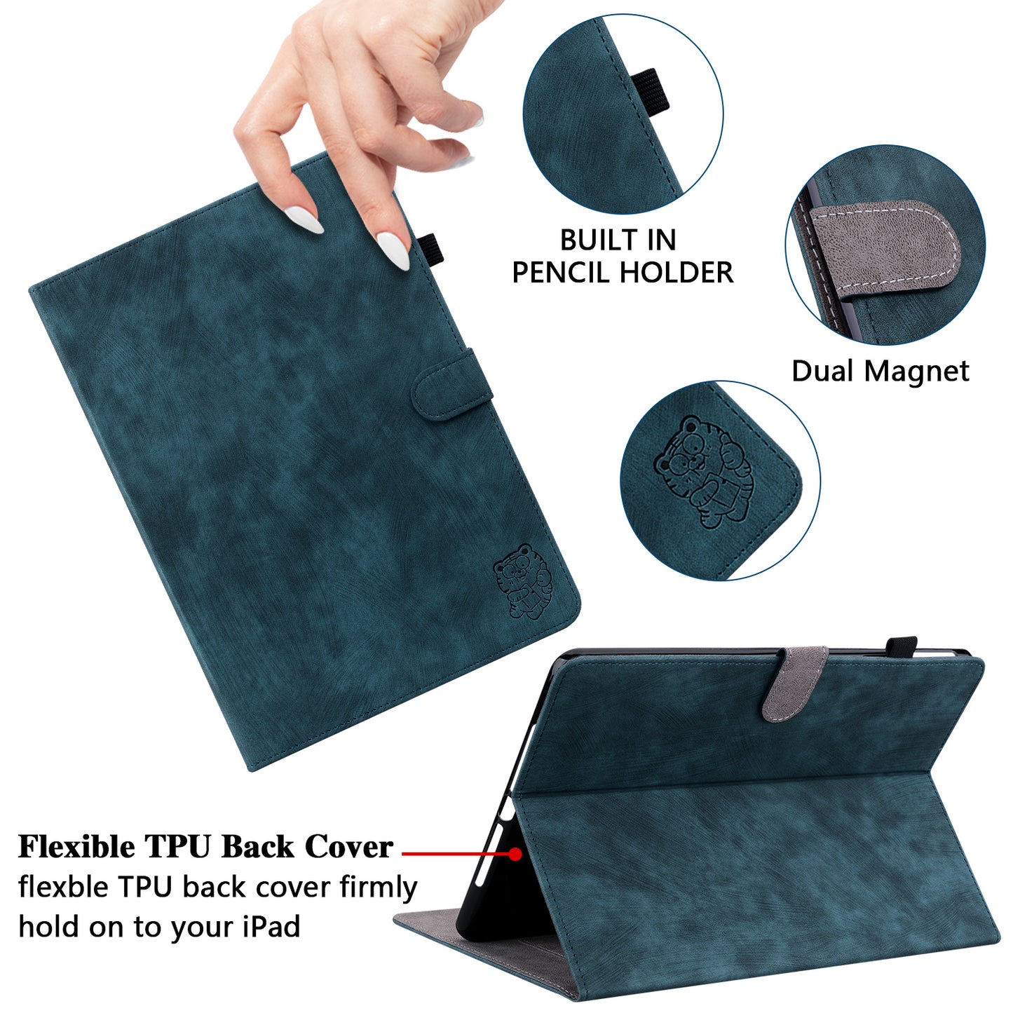 For Samsung Galaxy Tab S10 / S9 / S9 FE Stand Folio Tablet Case PU Leather Cute Tiger Pattern Cover with Card Holder - Dark Blue