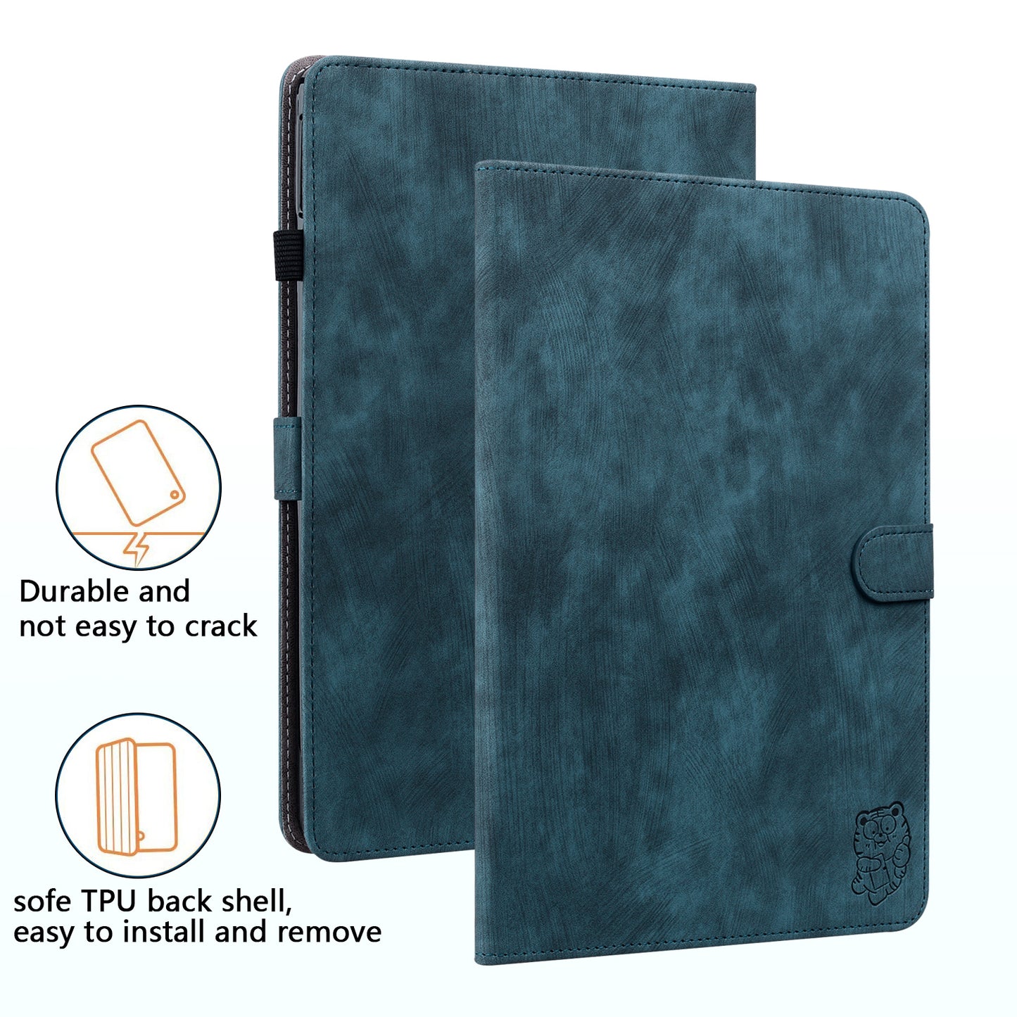For Samsung Galaxy Tab S10 / S9 / S9 FE Stand Folio Tablet Case PU Leather Cute Tiger Pattern Cover with Card Holder - Dark Blue