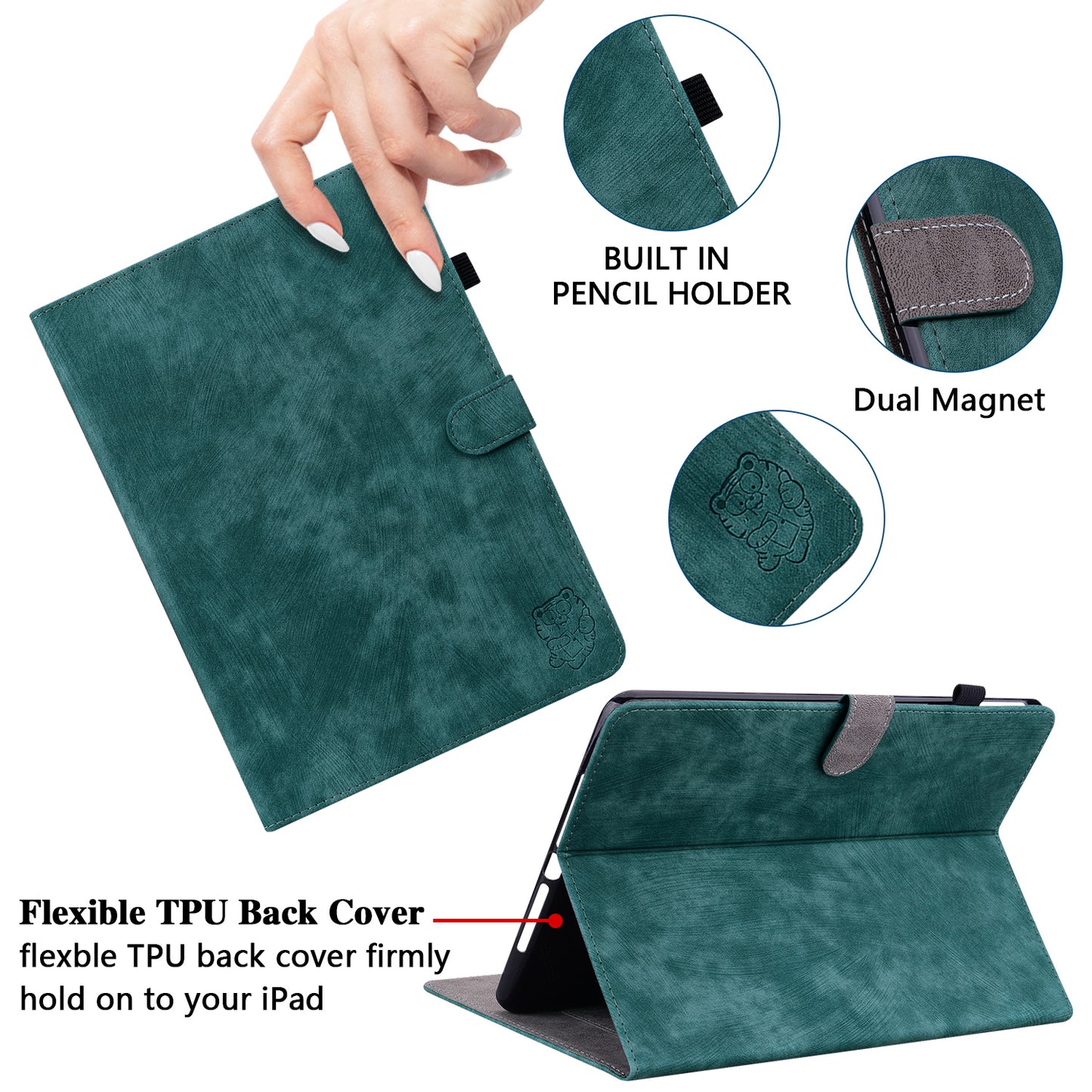 For Samsung Galaxy Tab S10 / S9 / S9 FE Stand Folio Tablet Case PU Leather Cute Tiger Pattern Cover with Card Holder - Green