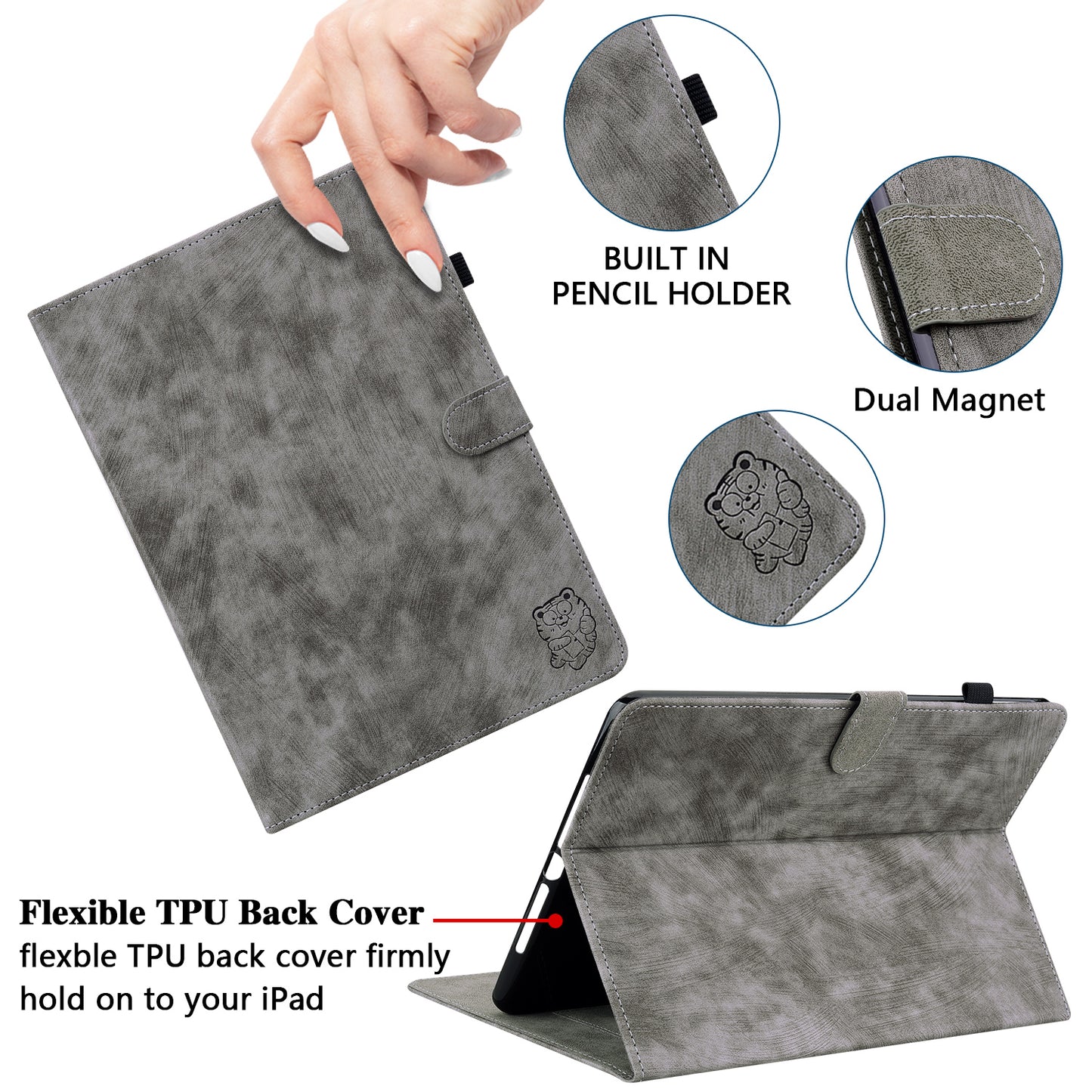 For Samsung Galaxy Tab S10 / S9 / S9 FE Stand Folio Tablet Case PU Leather Cute Tiger Pattern Cover with Card Holder - Grey