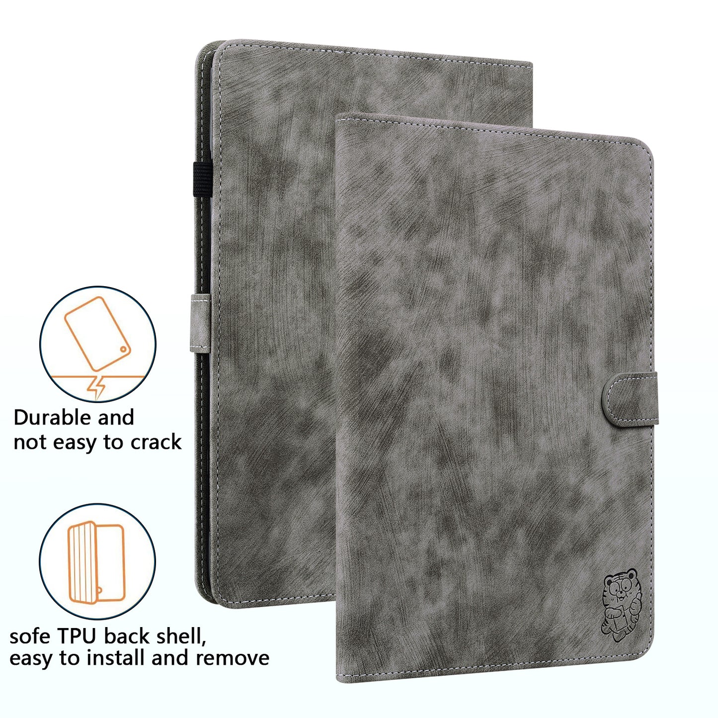 For Samsung Galaxy Tab S10 / S9 / S9 FE Stand Folio Tablet Case PU Leather Cute Tiger Pattern Cover with Card Holder - Grey