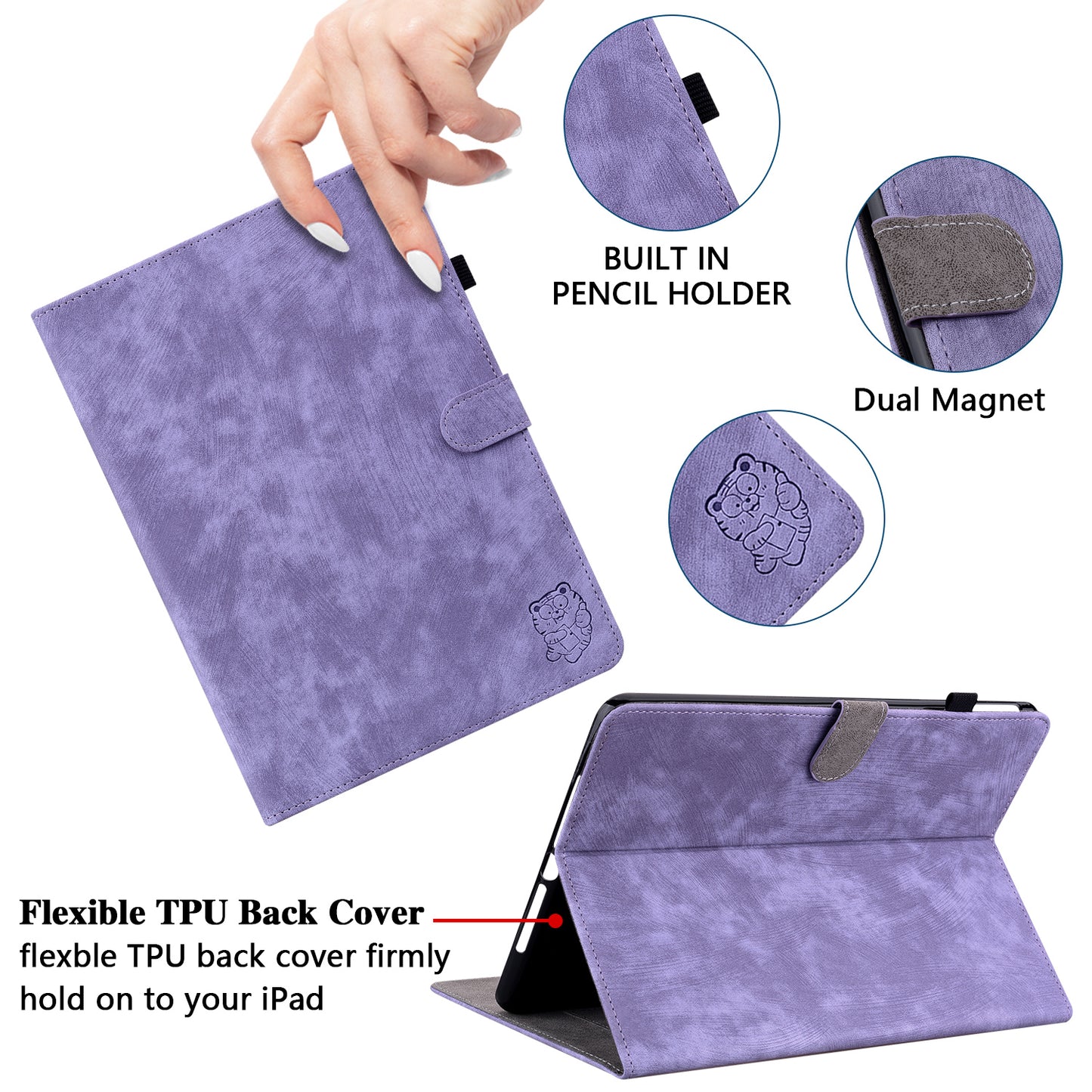 For Samsung Galaxy Tab S10 / S9 / S9 FE Stand Folio Tablet Case PU Leather Cute Tiger Pattern Cover with Card Holder - Purple