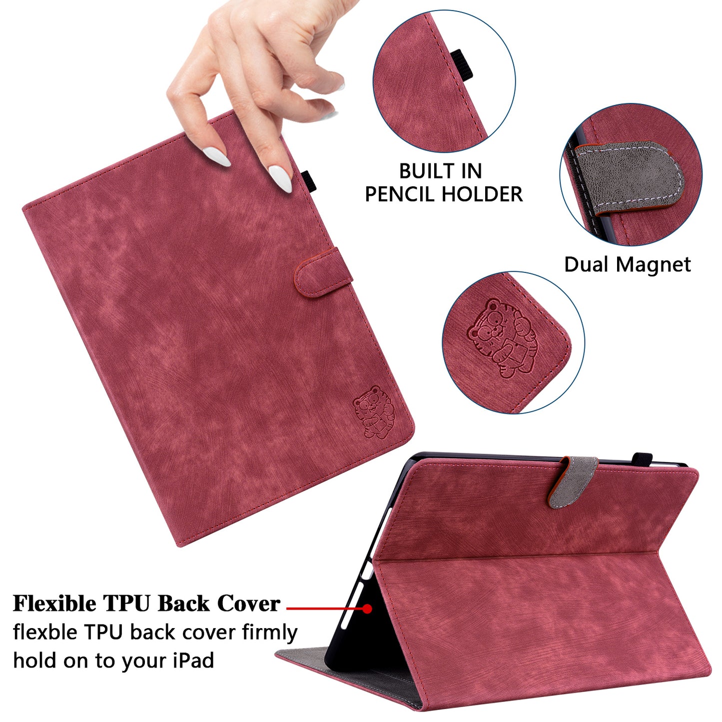 For Samsung Galaxy Tab S10 / S9 / S9 FE Stand Folio Tablet Case PU Leather Cute Tiger Pattern Cover with Card Holder - Red