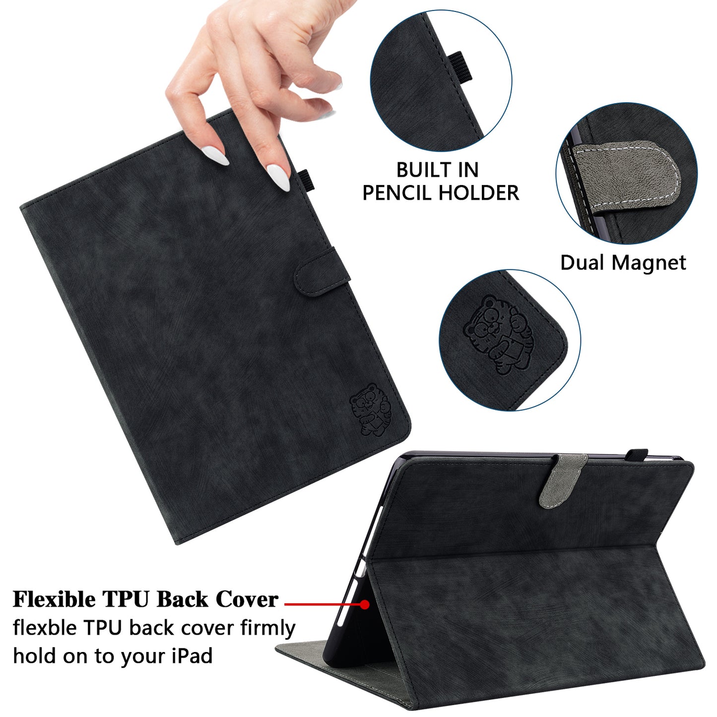 For Samsung Galaxy Tab S10 / S9 / S9 FE Stand Folio Tablet Case PU Leather Cute Tiger Pattern Cover with Card Holder - Black