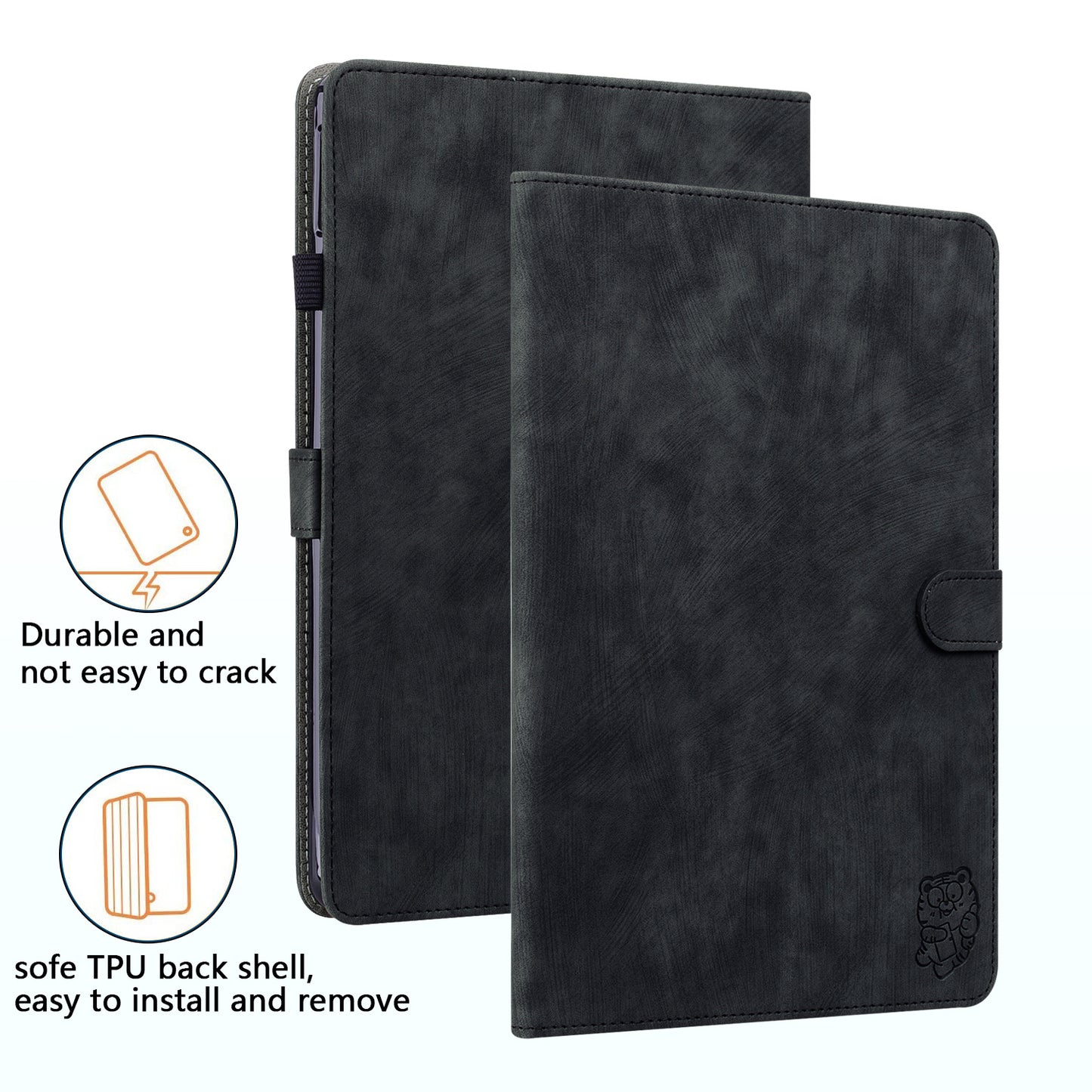 For Samsung Galaxy Tab S10 / S9 / S9 FE Stand Folio Tablet Case PU Leather Cute Tiger Pattern Cover with Card Holder - Black