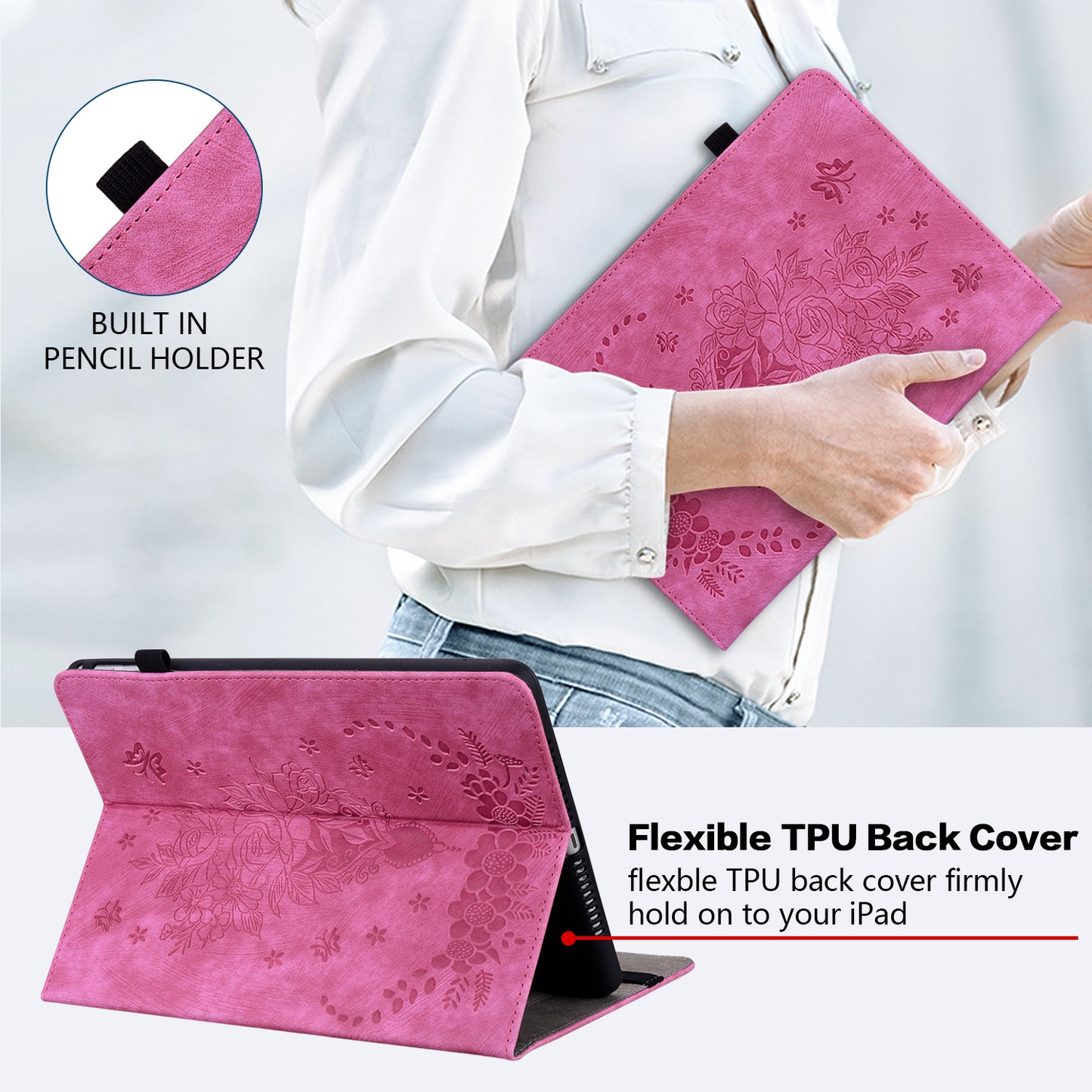 For Samsung Galaxy Tab S10 / S9 / S9 FE Stand Folio Case PU Leather Imprinted Cards Holder Tablet Cover - Rose