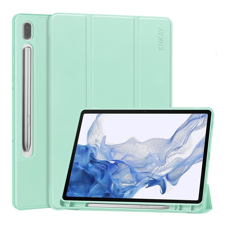 ENKAY HAT PRINCE For Samsung Galaxy Tab S9 Tri-fold Stand Tablet Case PU Leather + TPU Smart Cover with Pencil Holder - Light Green
