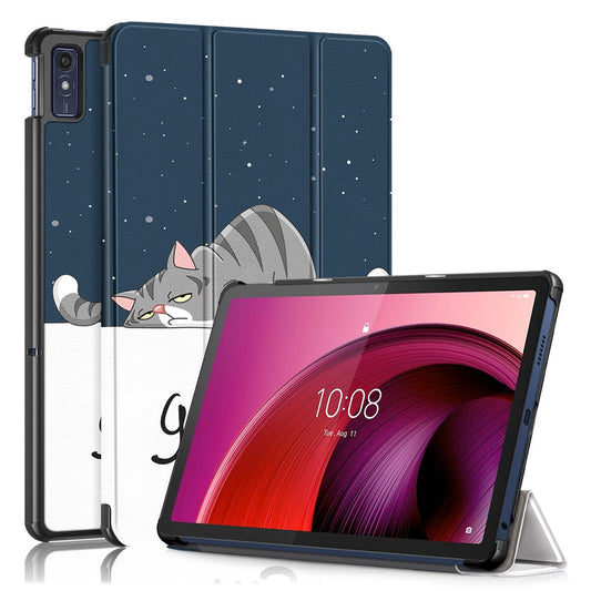 Trifold Stand Cover for Lenovo Tab M10 5G TB-360ZU , PU Leather Pattern Printing Tablet Case with Auto Sleep / Wake - Cat