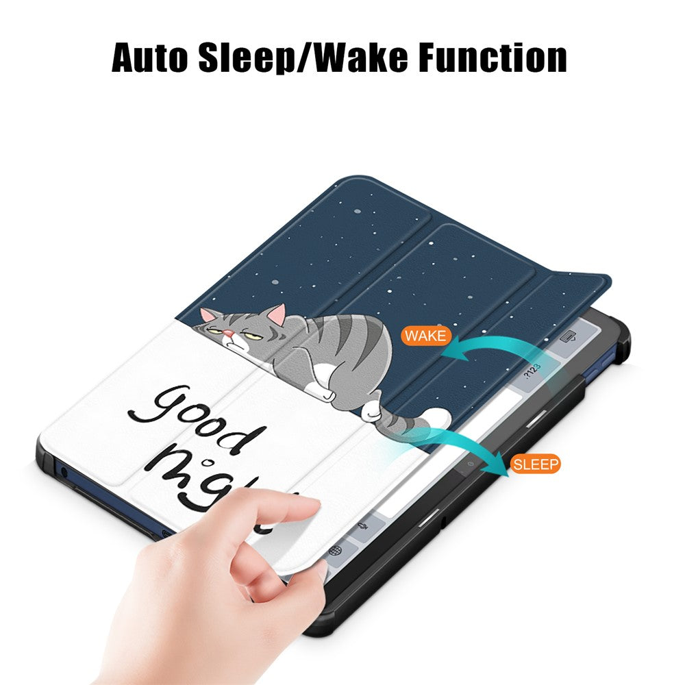 Trifold Stand Cover for Lenovo Tab M10 5G TB-360ZU , PU Leather Pattern Printing Tablet Case with Auto Sleep / Wake - Cat