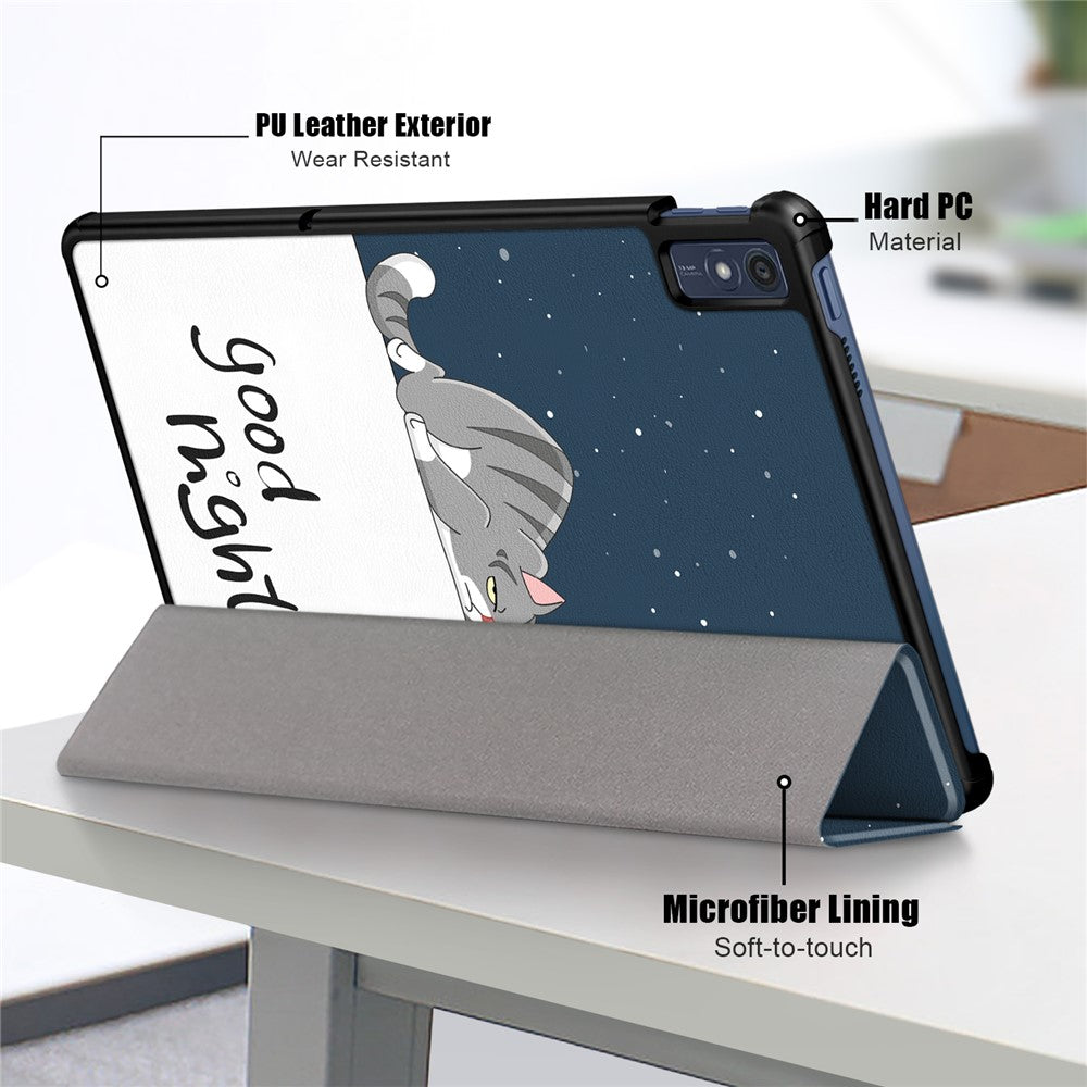 Trifold Stand Cover for Lenovo Tab M10 5G TB-360ZU , PU Leather Pattern Printing Tablet Case with Auto Sleep / Wake - Cat