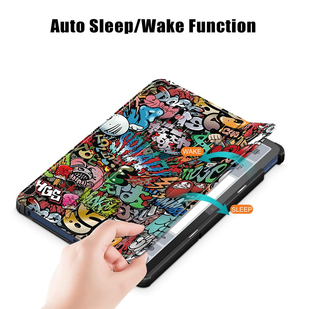 Trifold Stand Cover for Lenovo Tab M10 5G TB-360ZU , PU Leather Pattern Printing Tablet Case with Auto Sleep / Wake - Graffiti