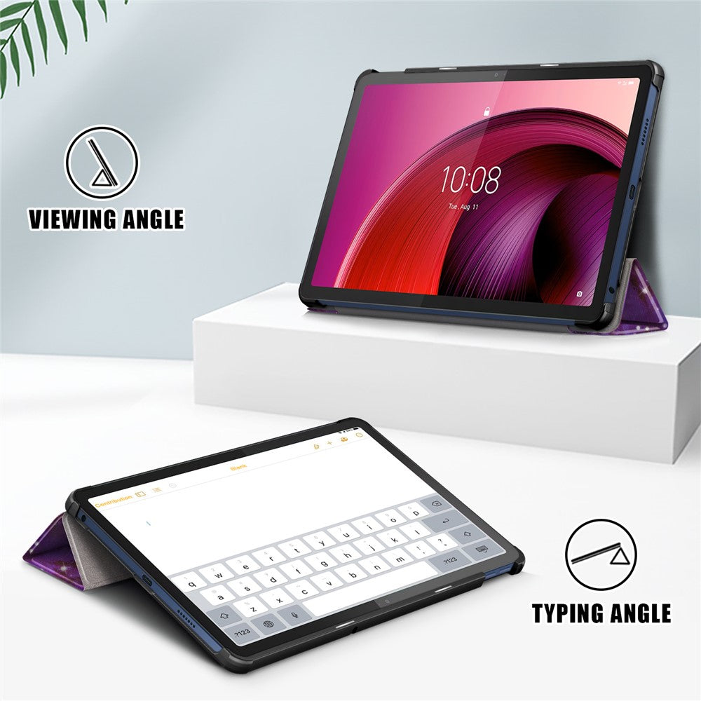 Trifold Stand Cover for Lenovo Tab M10 5G TB-360ZU , PU Leather Pattern Printing Tablet Case with Auto Sleep / Wake - Galaxy