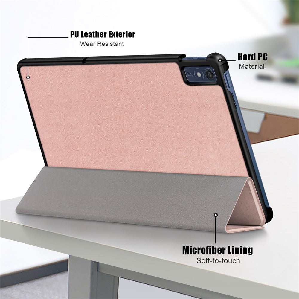 For Lenovo Tab M10 5G TB-360ZU Trifold Stand Smart Case PU Leather Full Body Protective Tablet Cover - Rose Gold