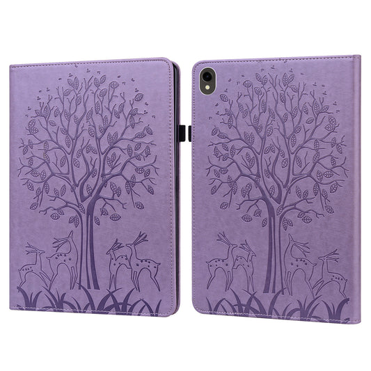 For Samsung Galaxy Tab S10 / S9 / S9 FE Tree Deer Imprinted Stand Cover PU Leather Card Holder Tablet Case - Purple