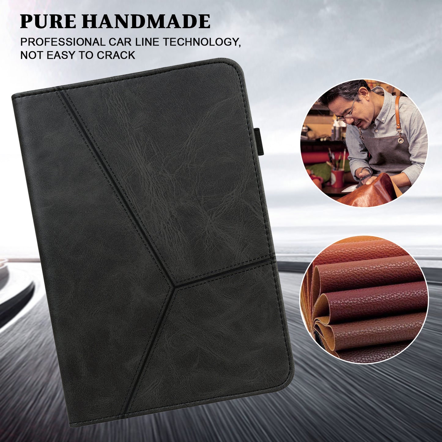 For Samsung Galaxy Tab S10 / S9 / S9 FE PU Stand Cover Line Imprinted Protective Tablet Cover with Card Slots - Black