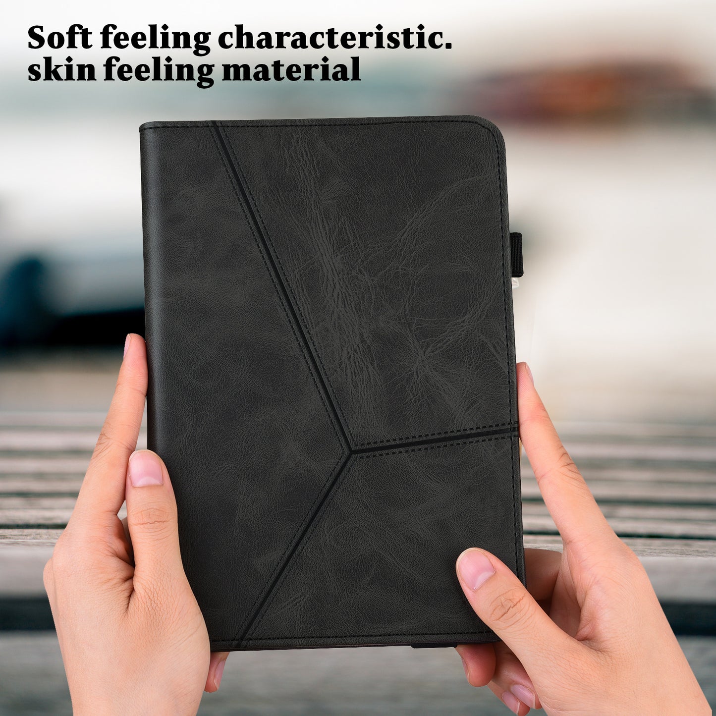 For Samsung Galaxy Tab S10 / S9 / S9 FE PU Stand Cover Line Imprinted Protective Tablet Cover with Card Slots - Black