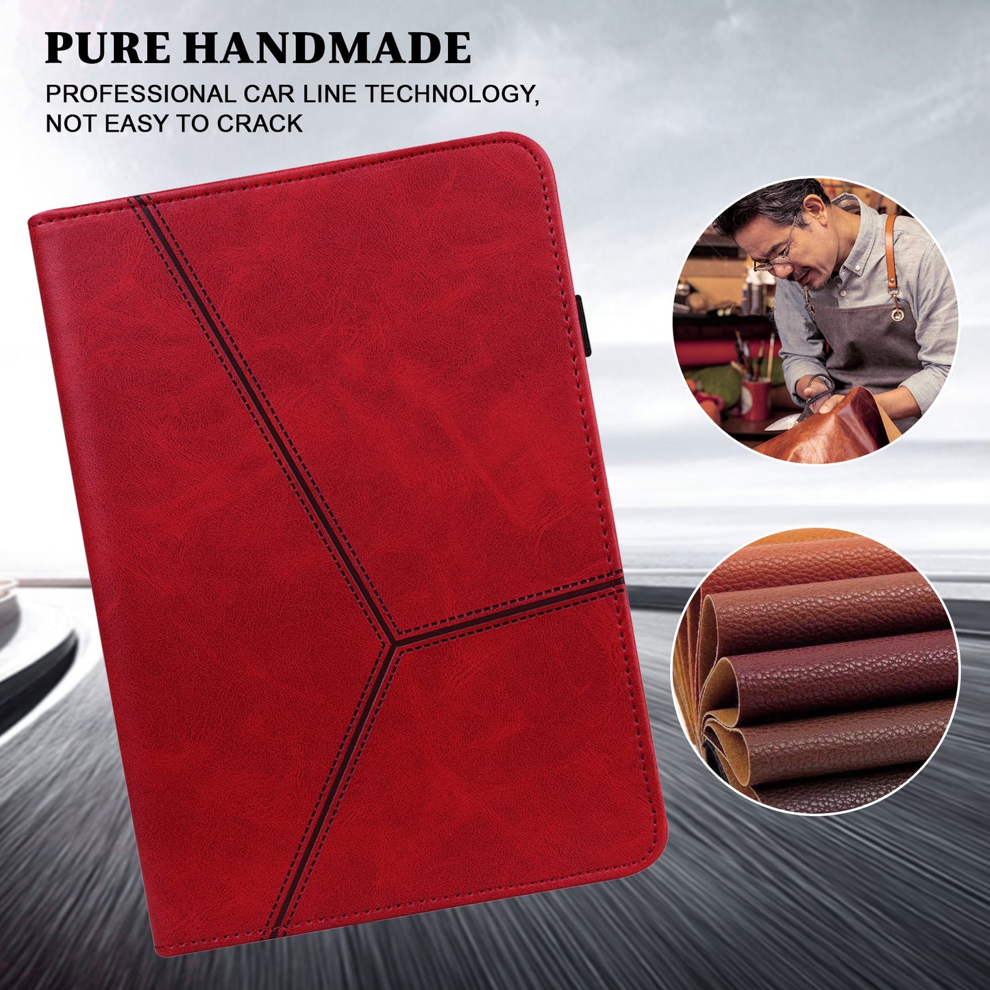 For Samsung Galaxy Tab S10 / S9 / S9 FE PU Stand Cover Line Imprinted Protective Tablet Cover with Card Slots - Red