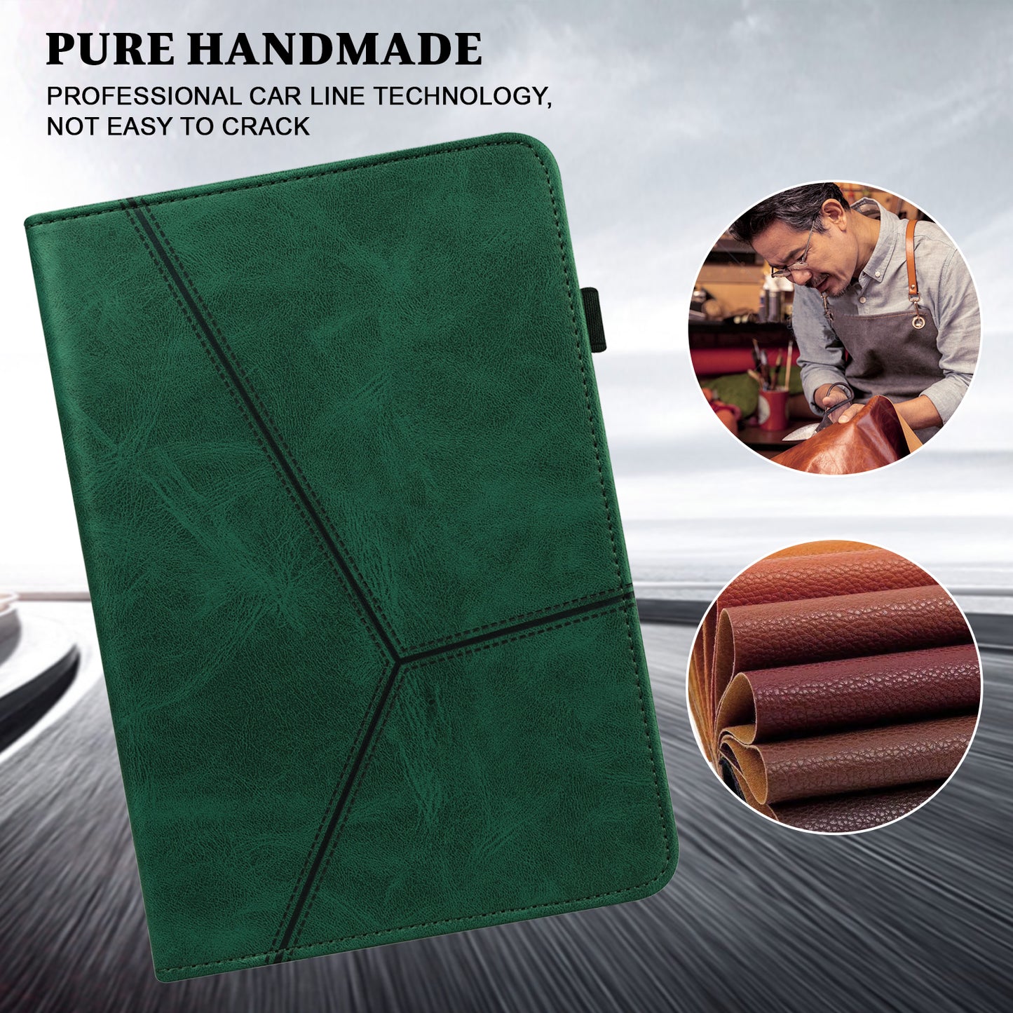 For Samsung Galaxy Tab S10 / S9 / S9 FE PU Stand Cover Line Imprinted Protective Tablet Cover with Card Slots - Green