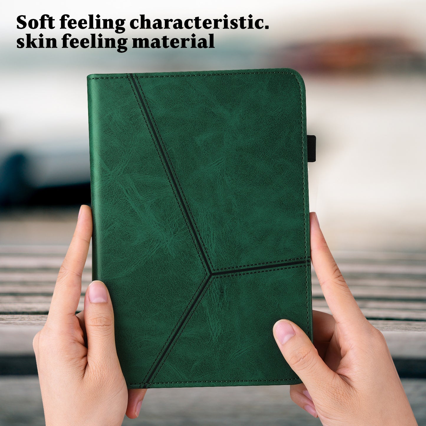 For Samsung Galaxy Tab S10 / S9 / S9 FE PU Stand Cover Line Imprinted Protective Tablet Cover with Card Slots - Green