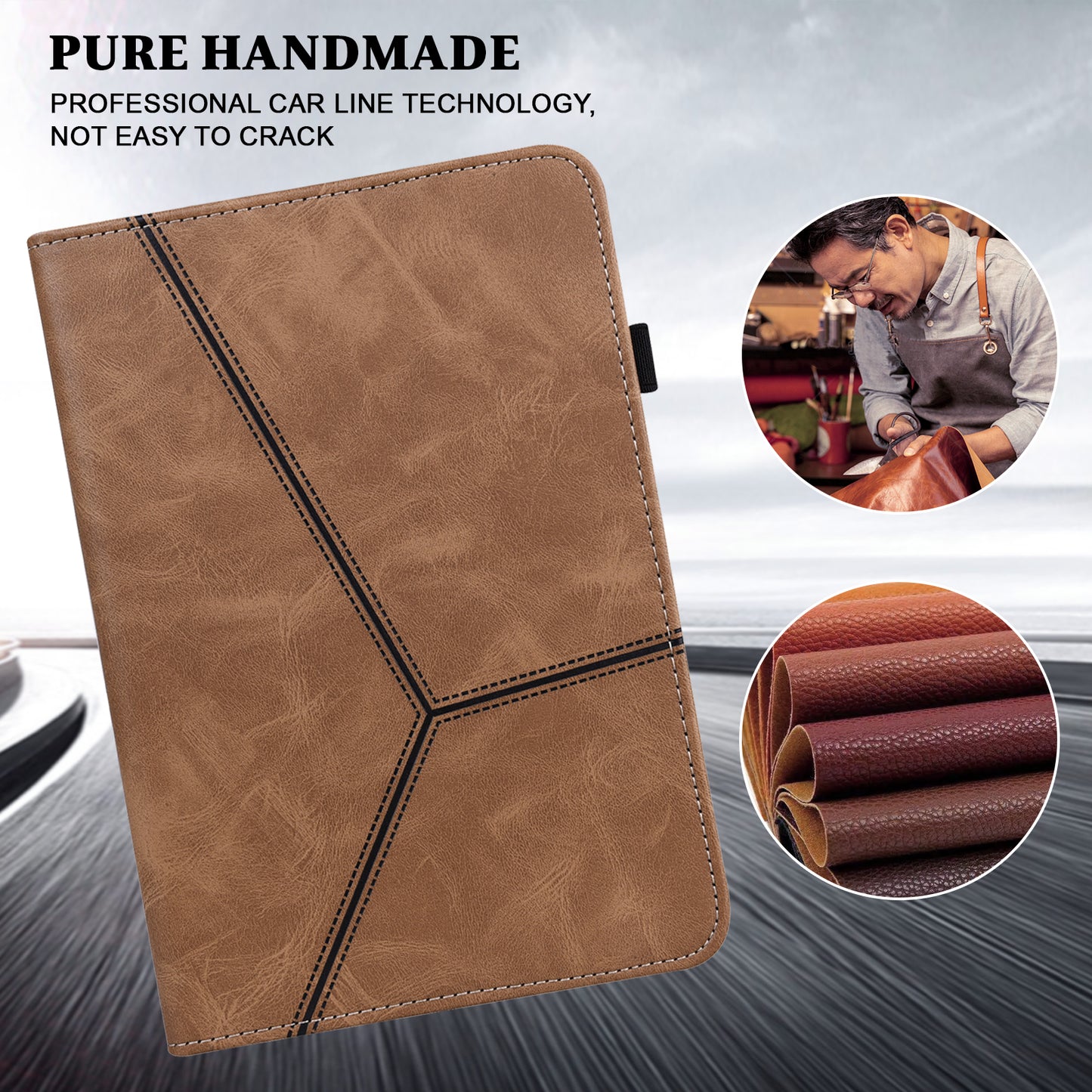 For Samsung Galaxy Tab S10 / S9 / S9 FE PU Stand Cover Line Imprinted Protective Tablet Cover with Card Slots - Brown