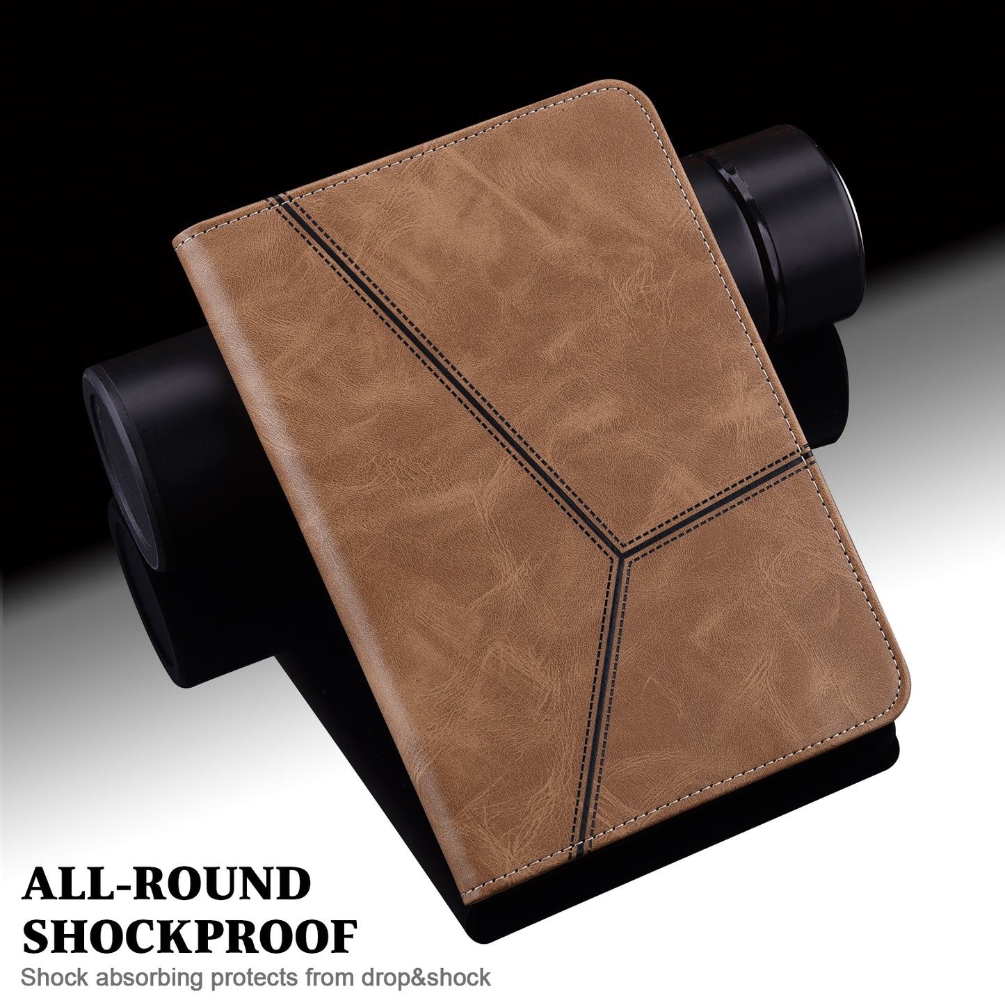 For Samsung Galaxy Tab S10 / S9 / S9 FE PU Stand Cover Line Imprinted Protective Tablet Cover with Card Slots - Brown