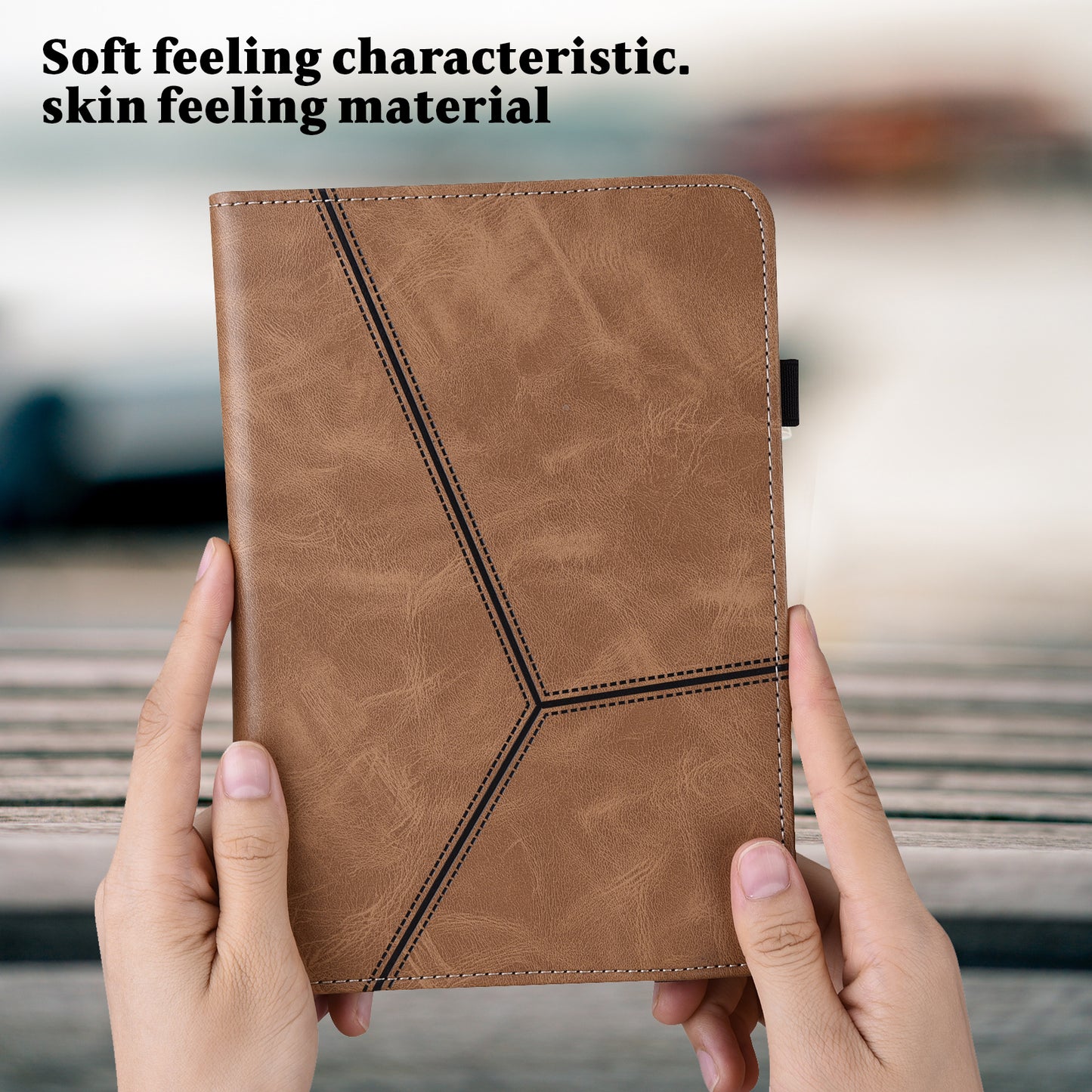 For Samsung Galaxy Tab S10 / S9 / S9 FE PU Stand Cover Line Imprinted Protective Tablet Cover with Card Slots - Brown