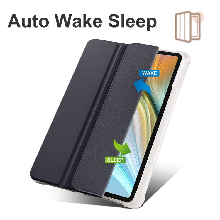For Honor Pad 8 Trifold Stand Tablet Case with Pencil Holder PU Leather Transparent TPU Back Cover, Auto Wake / Sleep - Black