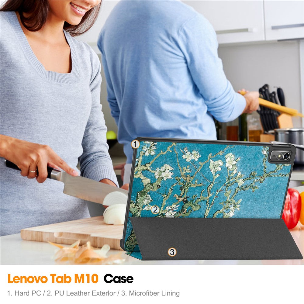 For Lenovo Tab M10 5G PU Leather Trifold Stand Cover Pattern Printing Auto Wake / Sleep Tablet Case - Apricot Blossom