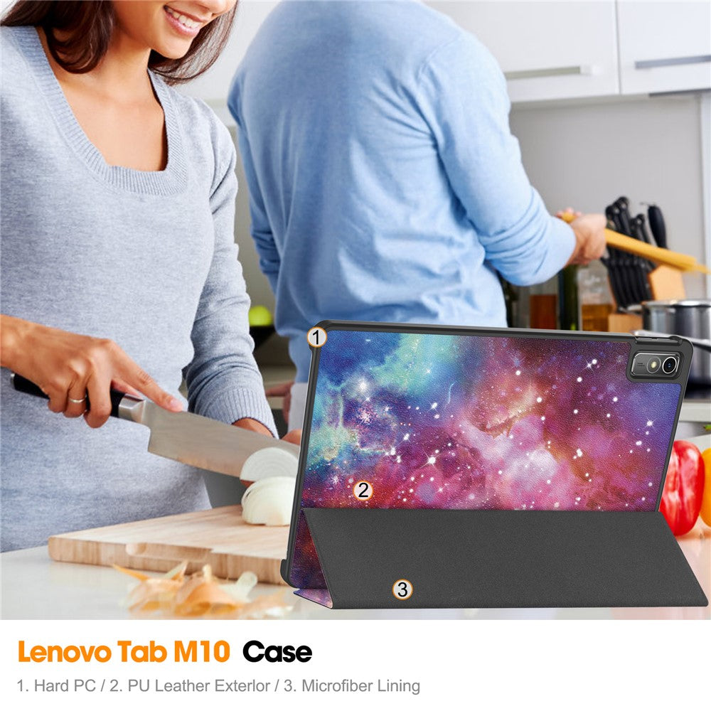For Lenovo Tab M10 5G PU Leather Trifold Stand Cover Pattern Printing Auto Wake / Sleep Tablet Case - Galaxy