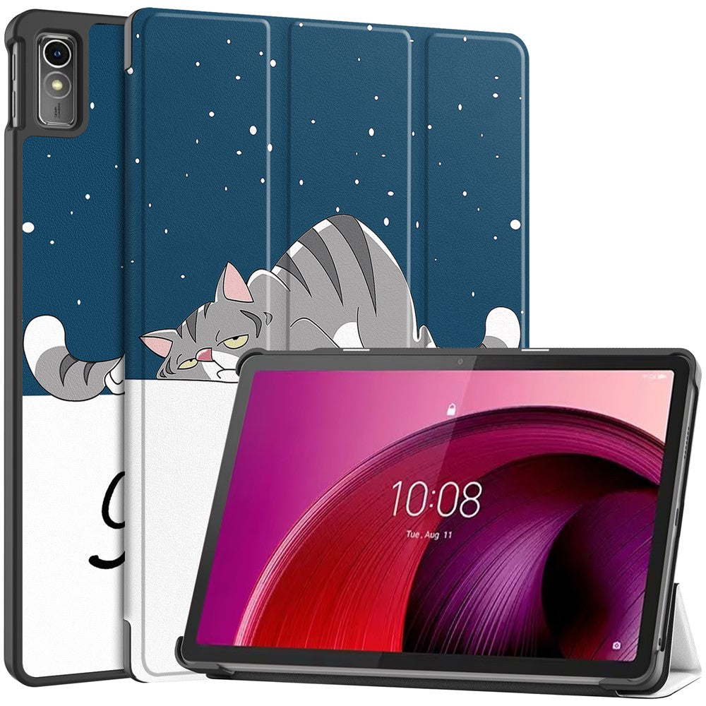 For Lenovo Tab M10 5G PU Leather Trifold Stand Cover Pattern Printing Auto Wake / Sleep Tablet Case - Cat