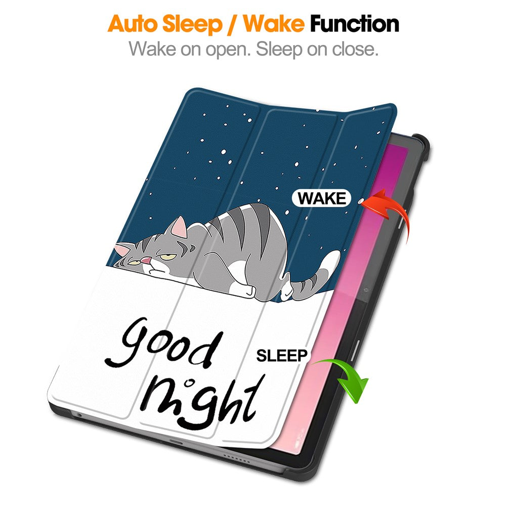 For Lenovo Tab M10 5G PU Leather Trifold Stand Cover Pattern Printing Auto Wake / Sleep Tablet Case - Cat