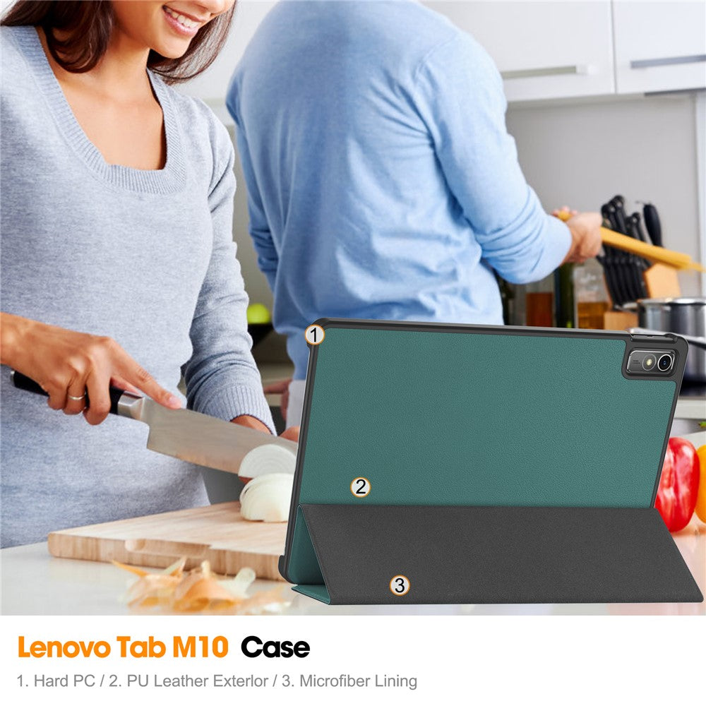 For Lenovo Tab M10 5G Tri-fold Stand Smart Cover PU Leather Auto Wake / Sleep Tablet Case - Blackish Green