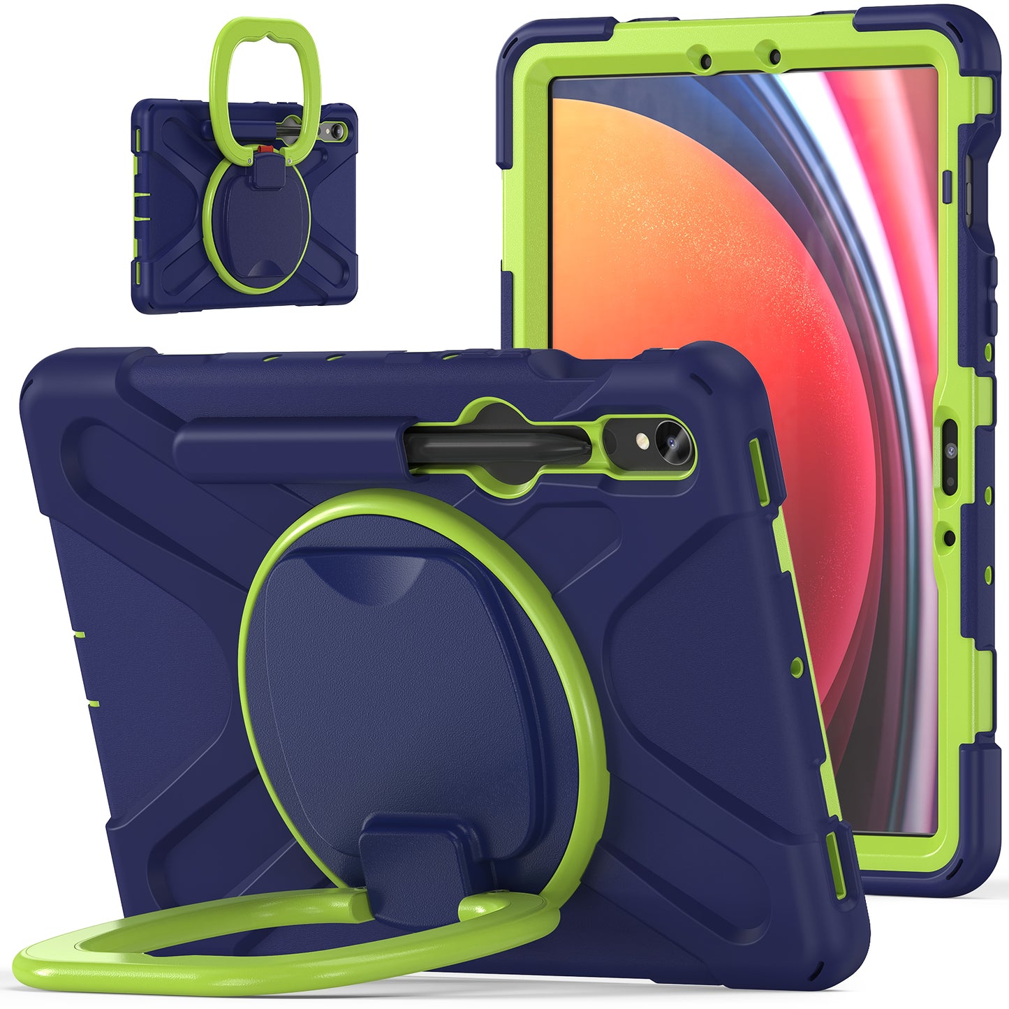 For Samsung Galaxy Tab S9 FE / S9 / S8 / S7 Hard PC+Soft Silicone Case Rotating Kickstand Shockproof Tablet Cover - Navy Blue+Yellowgreen