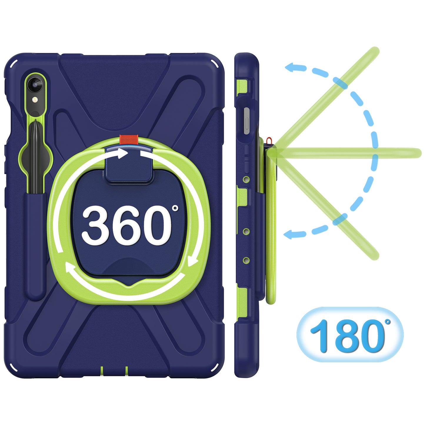 For Samsung Galaxy Tab S9 FE / S9 / S8 / S7 Hard PC+Soft Silicone Case Rotating Kickstand Shockproof Tablet Cover - Navy Blue+Yellowgreen