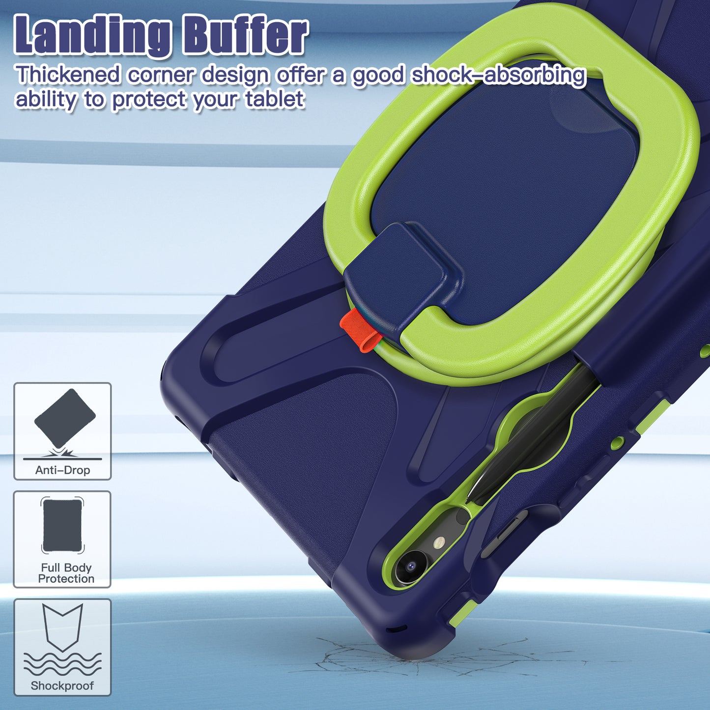 For Samsung Galaxy Tab S9 FE / S9 / S8 / S7 Hard PC+Soft Silicone Case Rotating Kickstand Shockproof Tablet Cover - Navy Blue+Yellowgreen