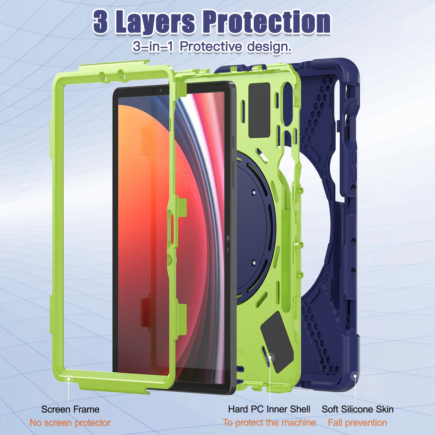 For Samsung Galaxy Tab S9 FE / S9 / S8 / S7 Hard PC+Soft Silicone Case Rotating Kickstand Shockproof Tablet Cover - Navy Blue+Yellowgreen