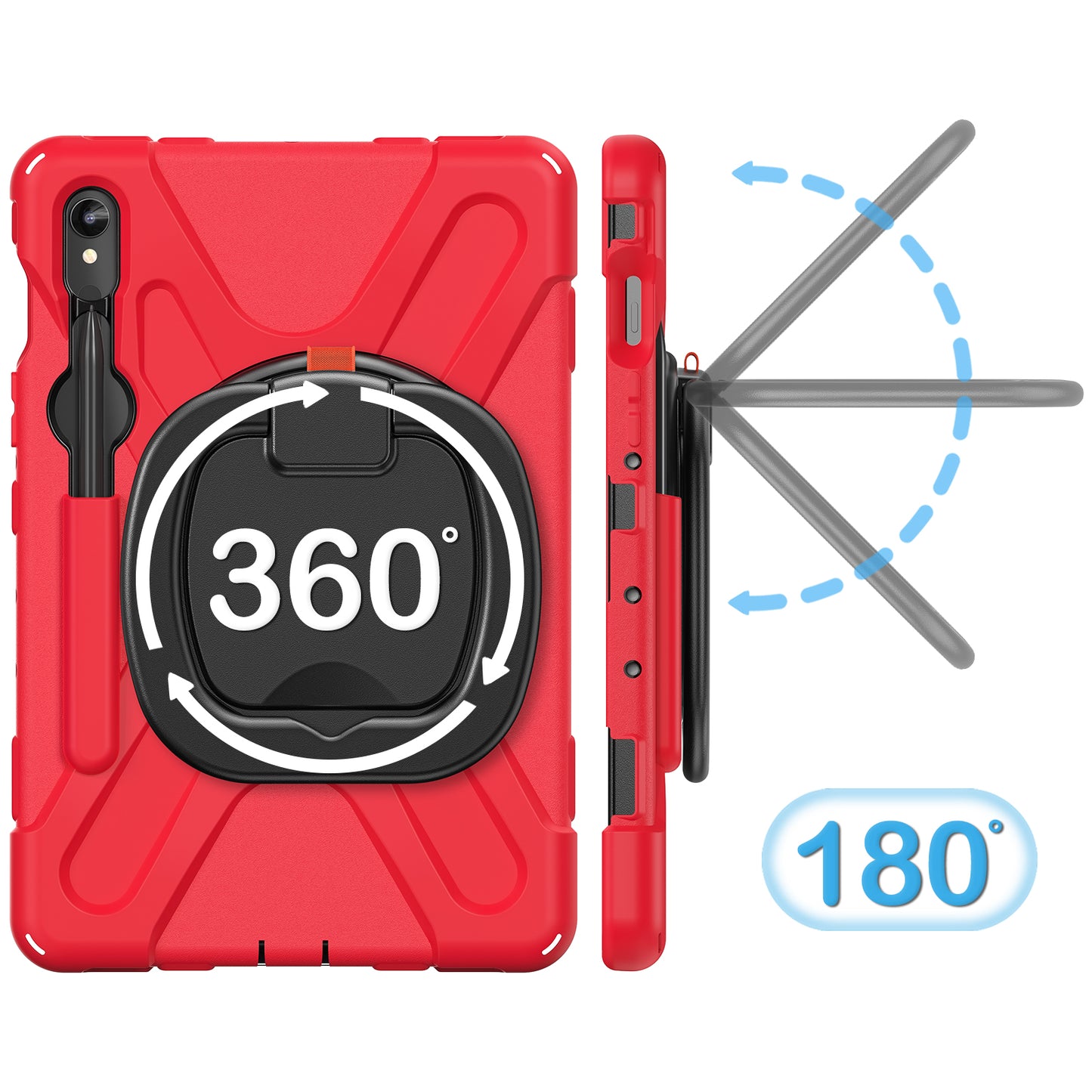 For Samsung Galaxy Tab S9 FE / S9 / S8 / S7 Hard PC+Soft Silicone Case Rotating Kickstand Shockproof Tablet Cover - Red+Black