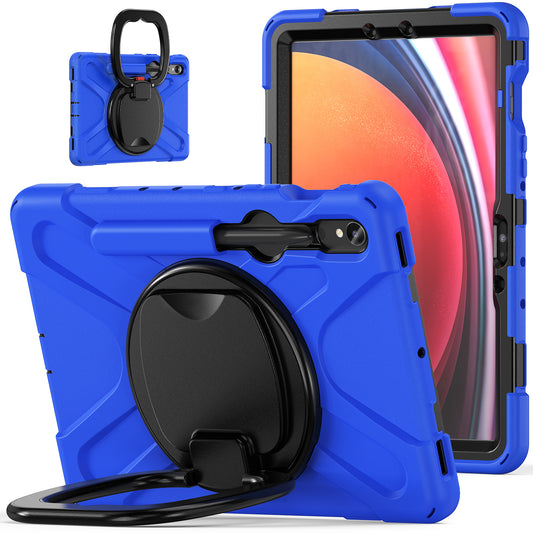 For Samsung Galaxy Tab S9 FE / S9 / S8 / S7 Hard PC+Soft Silicone Case Rotating Kickstand Shockproof Tablet Cover - Blue+Black