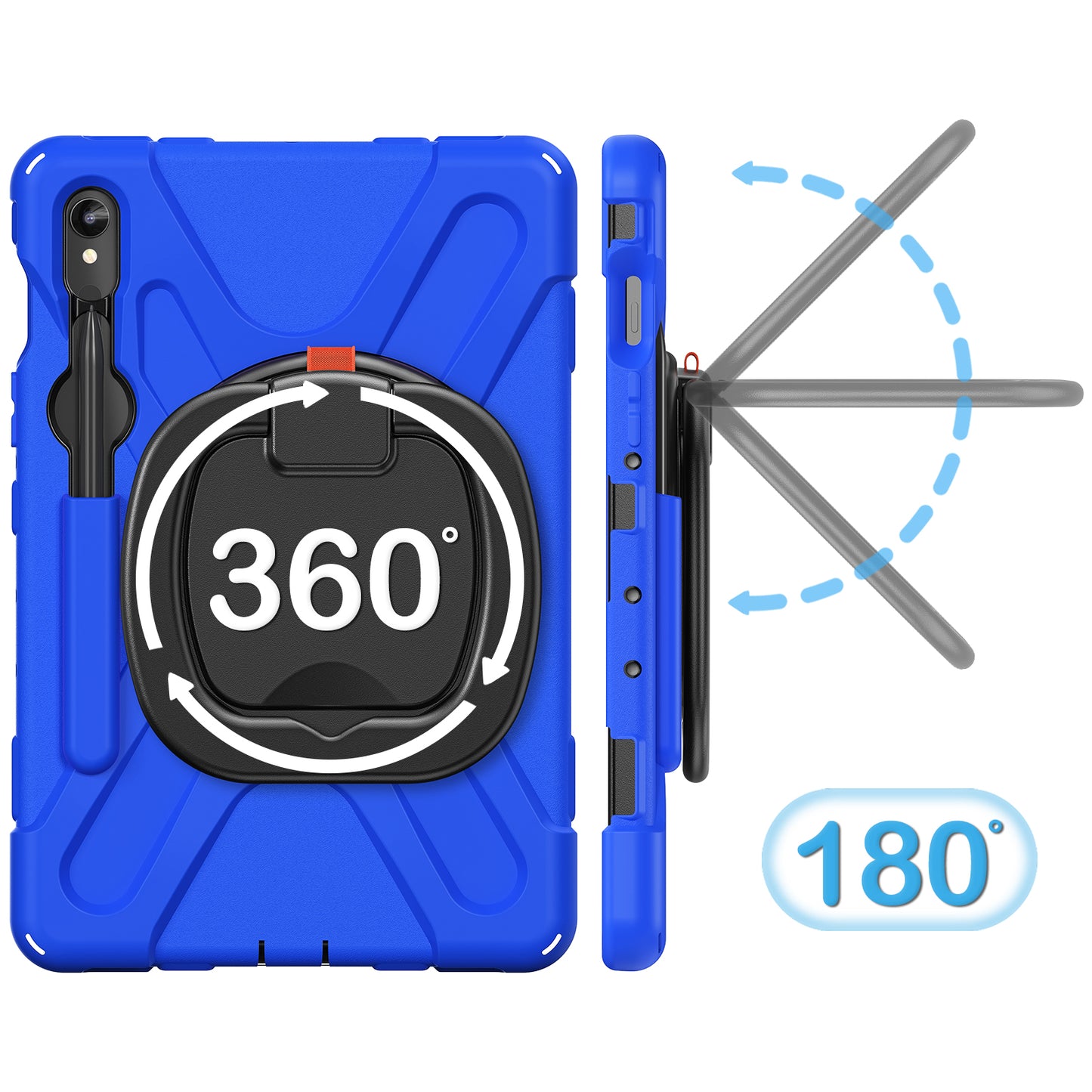 For Samsung Galaxy Tab S9 FE / S9 / S8 / S7 Hard PC+Soft Silicone Case Rotating Kickstand Shockproof Tablet Cover - Blue+Black