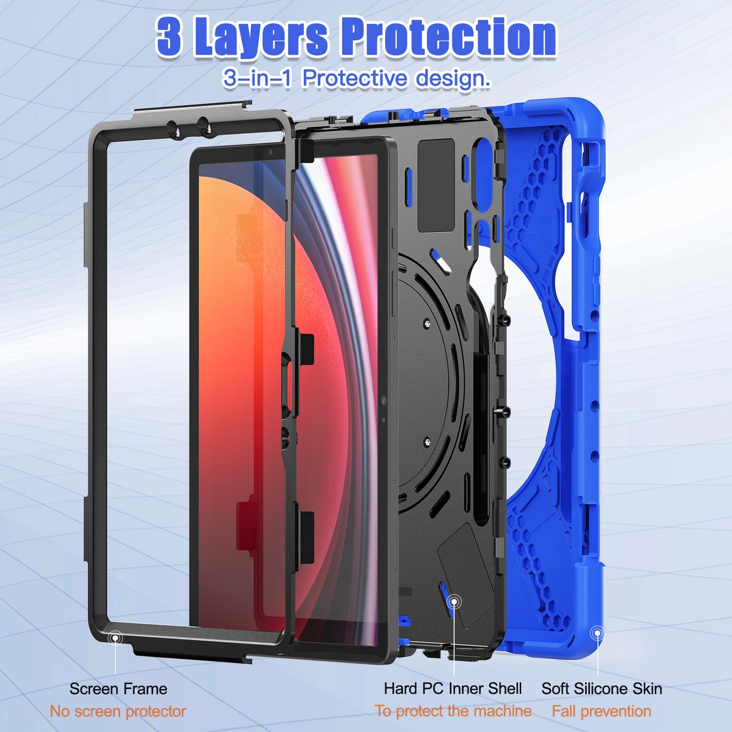 For Samsung Galaxy Tab S9 FE / S9 / S8 / S7 Hard PC+Soft Silicone Case Rotating Kickstand Shockproof Tablet Cover - Blue+Black